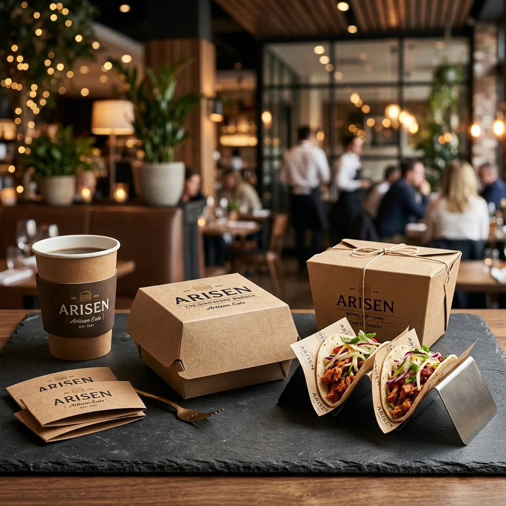 Custom restaurant packaging, coffee sleeves, taco holders and SOS bags