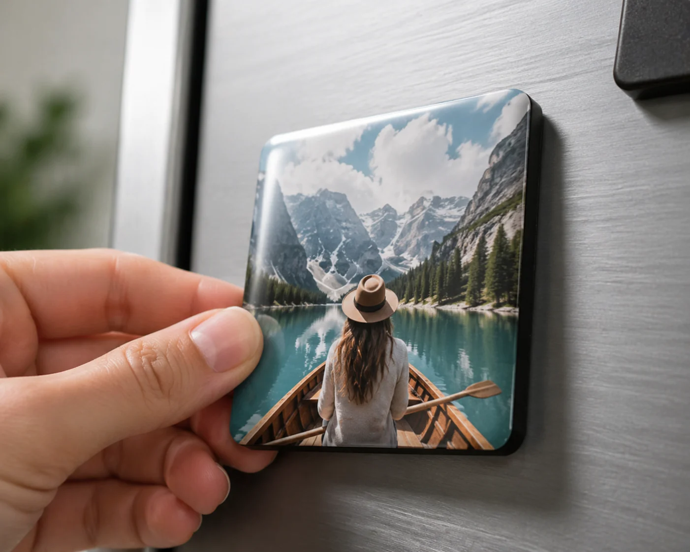 Close-up glossy custom photo magnet on a metal surface